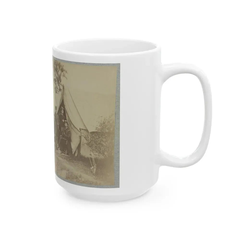 Group Of Five Officers Outside A Tent With A Man Sitting On A Horse In The Background (U.S. Civil War) White Coffee Mug - Go Mug Yourself