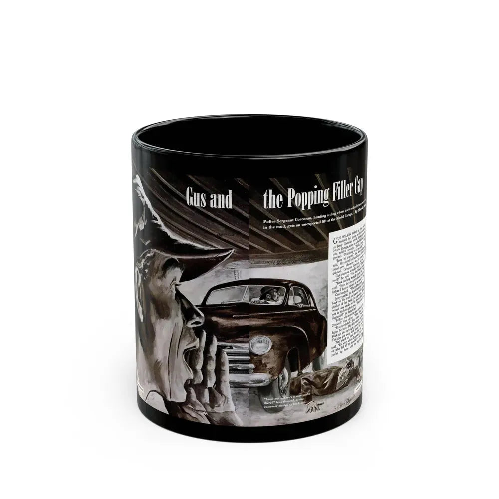 Gus and the Popping Filler Cap, Popular Science, March 1950 - Black Coffee Mug 11oz - Go Mug Yourself