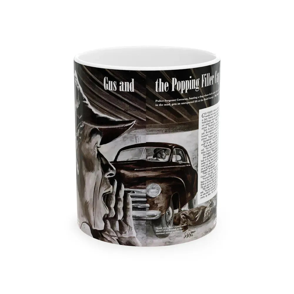 Gus and the Popping Filler Cap, Popular Science, March 1950 - White Coffee Mug 11oz - Go Mug Yourself