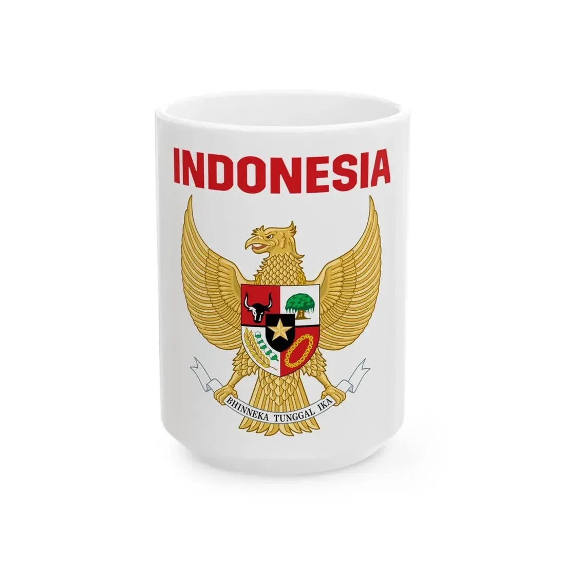 Indonesia coat of arms with name (Indonesia) White Coffee Mug 15oz - Go Mug Yourself