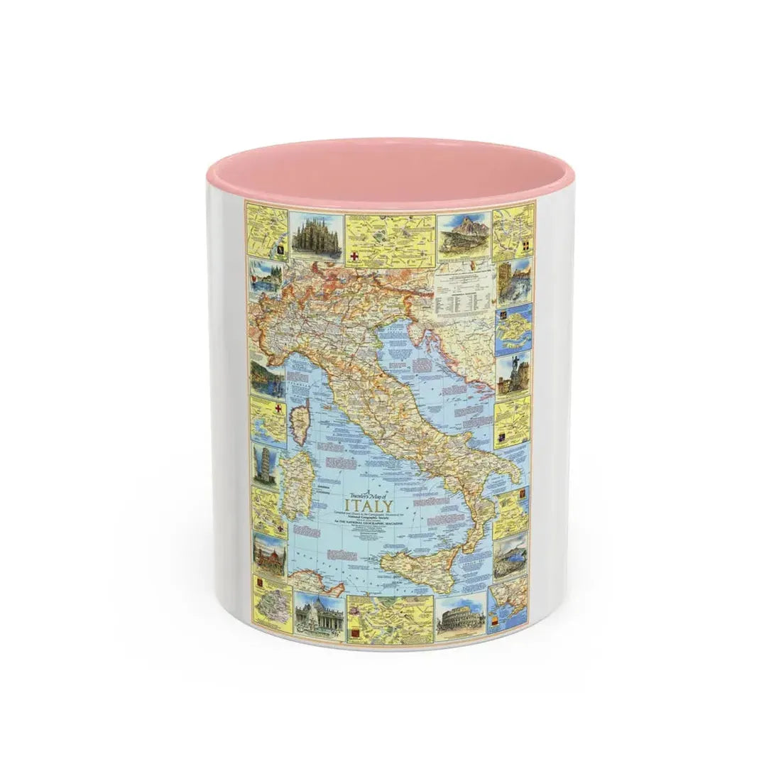 Italy - A Traveller's Map 1 (1970) (Map) Accent Coffee Mug 11oz Pink - Go Mug Yourself