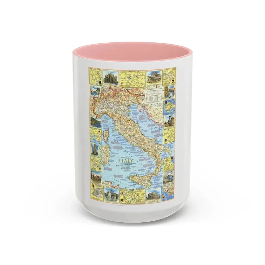 Italy - A Traveller's Map 1 (1970) (Map) Accent Coffee Mug 15oz Pink - Go Mug Yourself