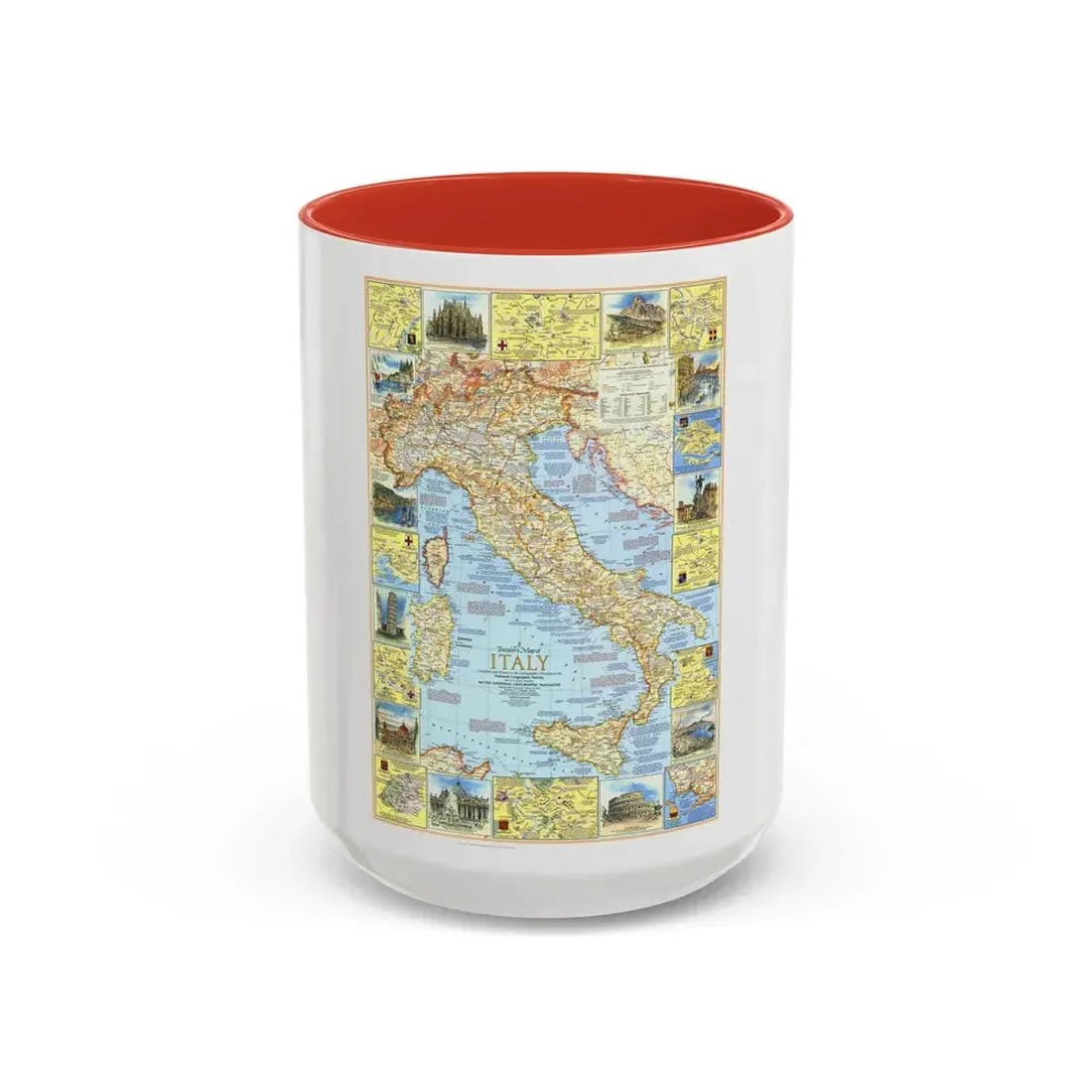 Italy - A Traveller's Map 1 (1970) (Map) Accent Coffee Mug 15oz Red - Go Mug Yourself