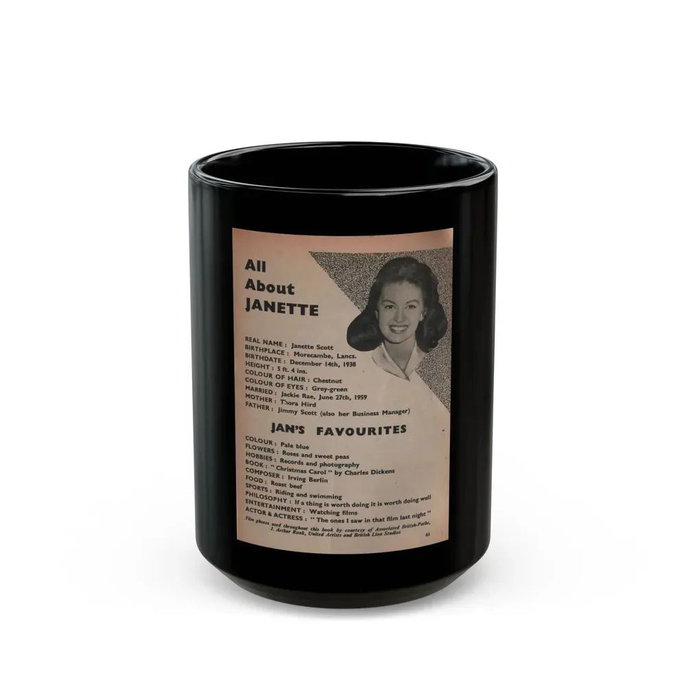Janette Scott #59 - Life Story+Glamour Photos #38 Fans Star Library - Smaller Face Shot & All About Janette (Vintage Female Icon) Black Coffee Mug 15oz - Go Mug Yourself