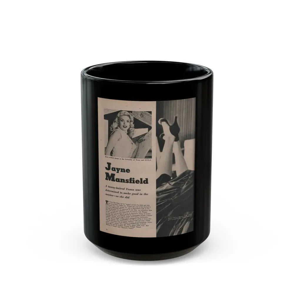 Jayne Mansfield #166 - 1 Page, 2 B&W Photo, Caption & Article from Fabulous Females Mag. Issue #01 '55 (Vintage Female Icon) Black Coffee Mug 15oz - Go Mug Yourself