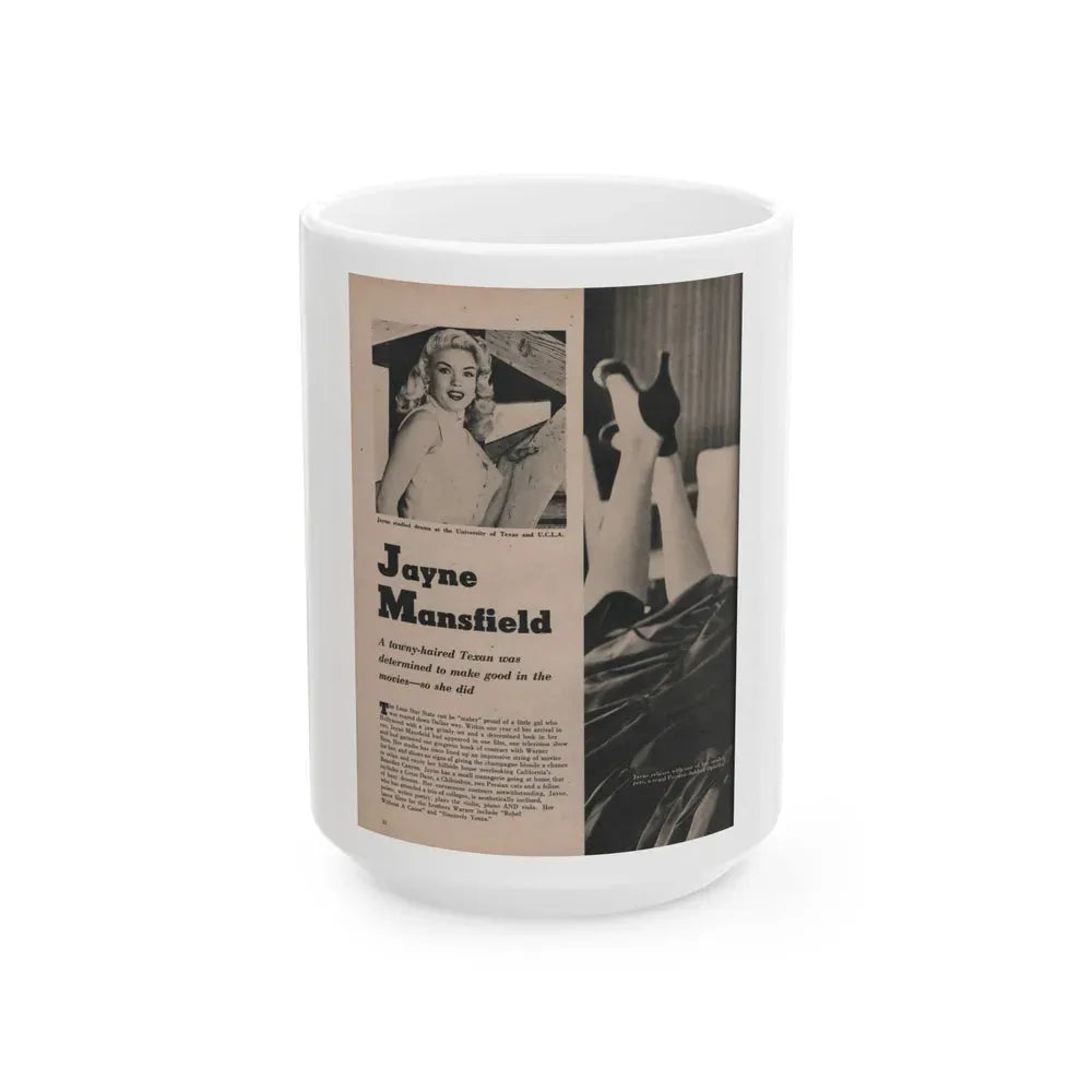Jayne Mansfield #166 - 1 Page, 2 B&W Photo, Caption & Article from Fabulous Females Mag. Issue #01 '55 (Vintage Female Icon) White Coffee Mug 15oz - Go Mug Yourself