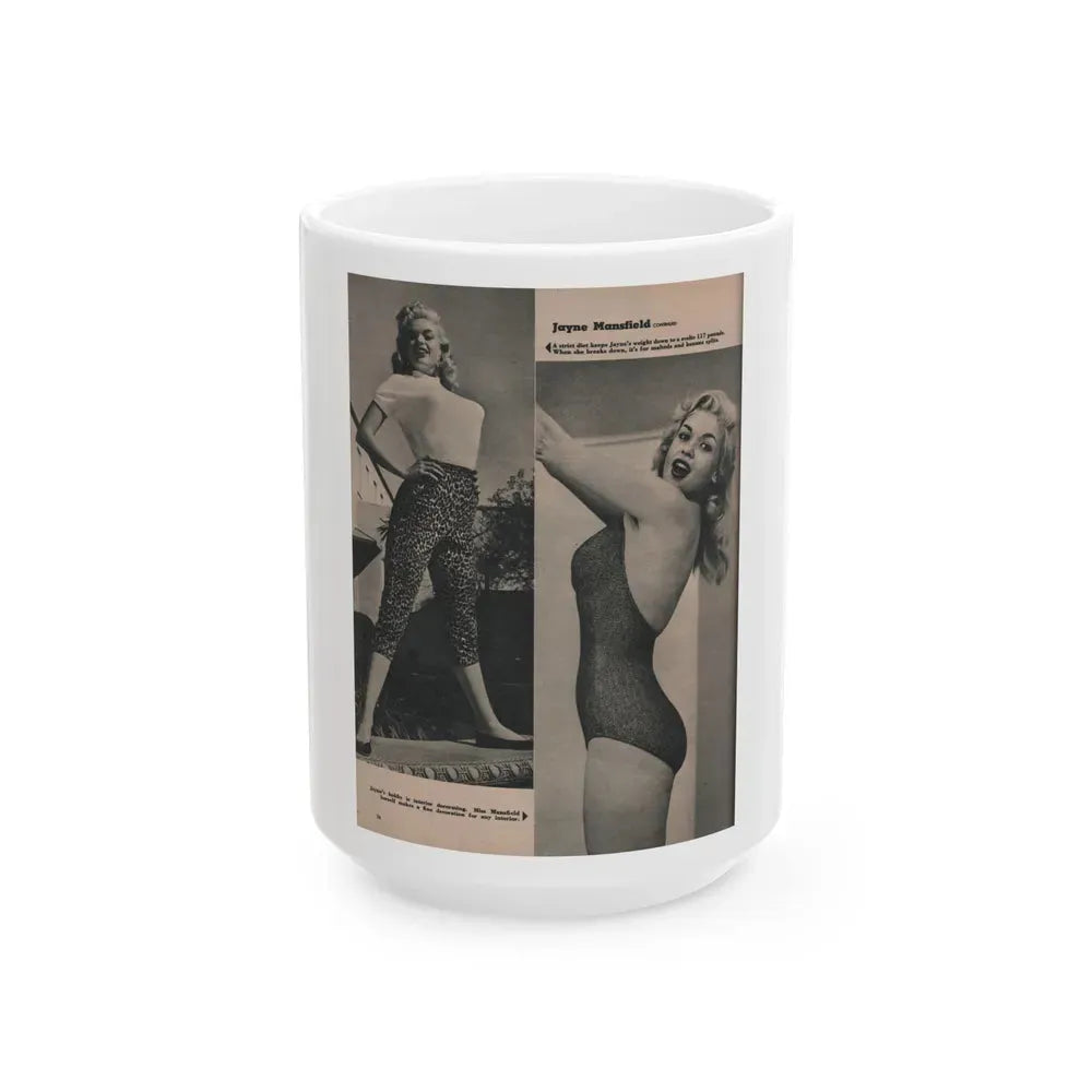 Jayne Mansfield #170 - Fabulous Females Mag. Issue #01 '55 - 2 B&W Photos (Vintage Female Icon) White Coffee Mug 15oz - Go Mug Yourself