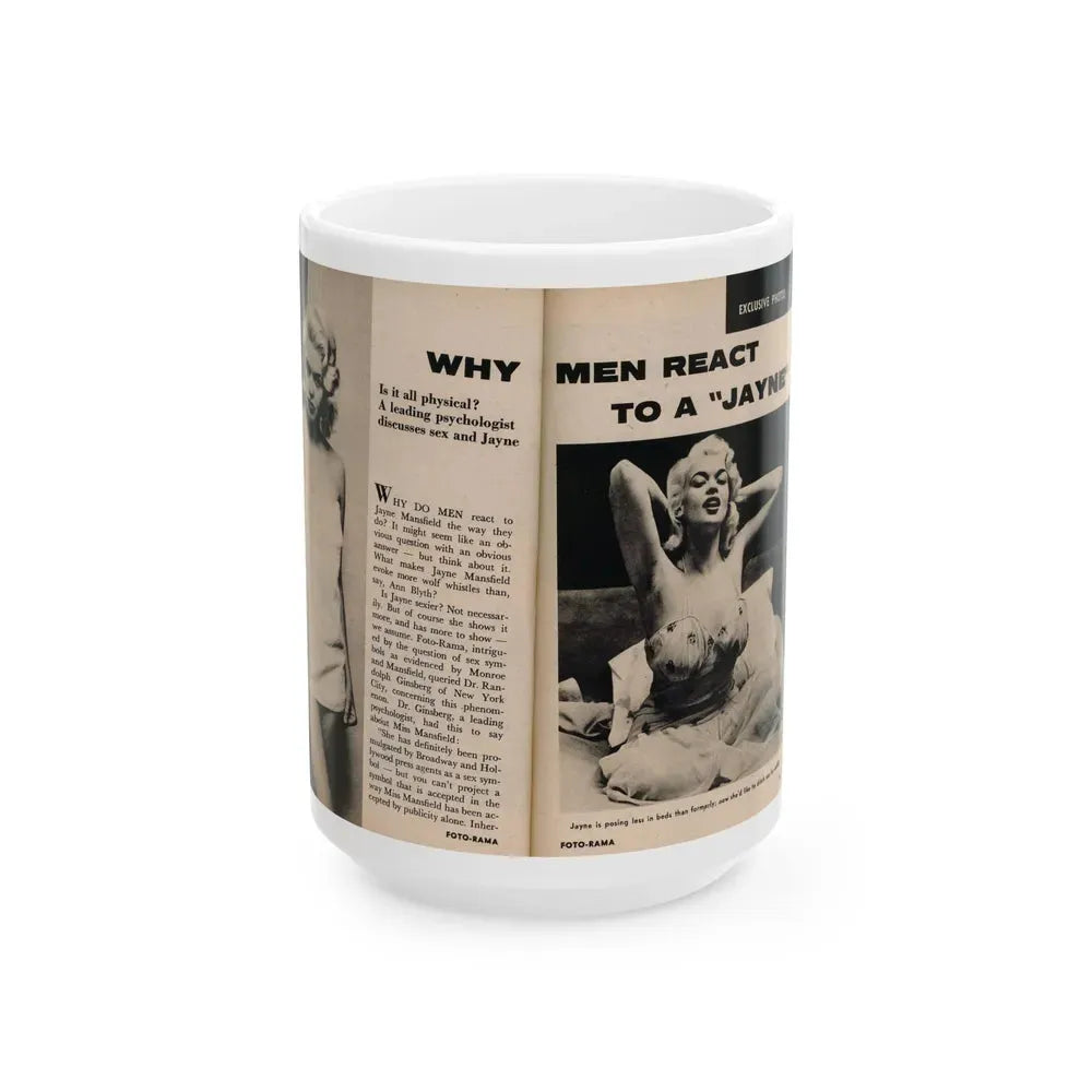 Jayne Mansfield #177 - 2 Pages, 2 B&W Photos, Caption & Article from Foto-rama Digest Mag. May '58 (Vintage Female Icon) White Coffee Mug 15oz - Go Mug Yourself