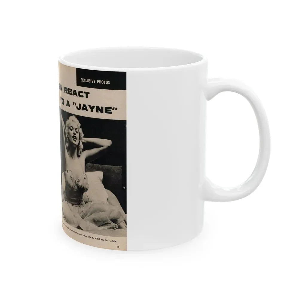 Jayne Mansfield #177 - 2 Pages, 2 B&W Photos, Caption & Article from Foto-rama Digest Mag. May '58 (Vintage Female Icon) White Coffee Mug - Go Mug Yourself