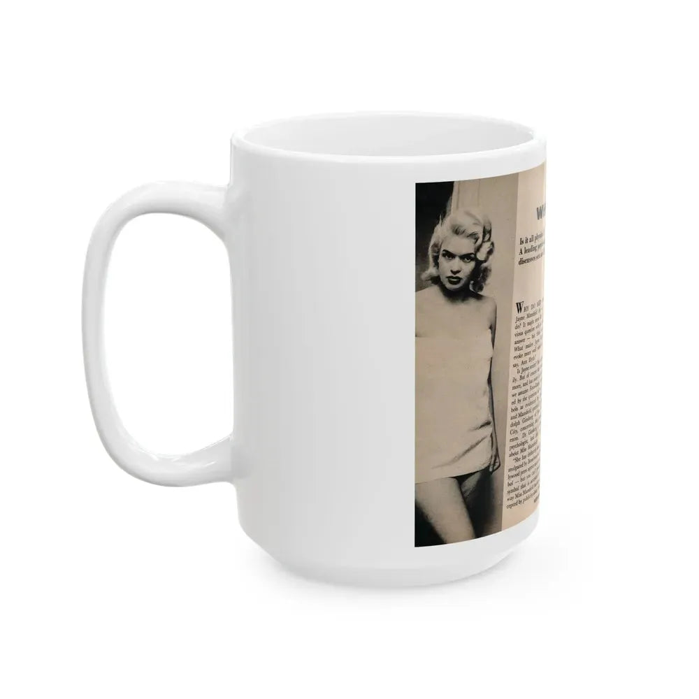 Jayne Mansfield #177 - 2 Pages, 2 B&W Photos, Caption & Article from Foto-rama Digest Mag. May '58 (Vintage Female Icon) White Coffee Mug - Go Mug Yourself
