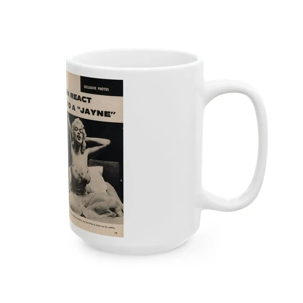 Jayne Mansfield #177 - 2 Pages, 2 B&W Photos, Caption & Article from Foto-rama Digest Mag. May '58 (Vintage Female Icon) White Coffee Mug - Go Mug Yourself