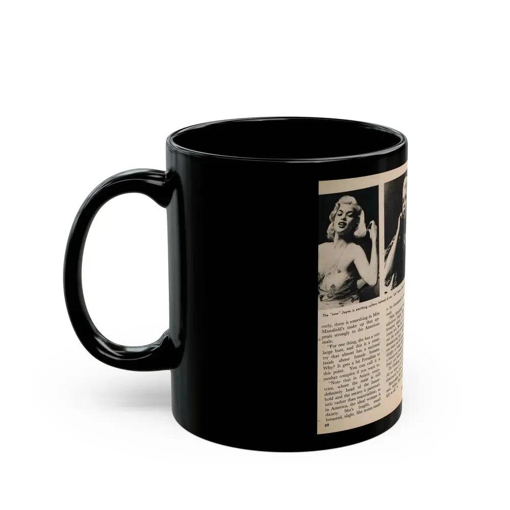Jayne Mansfield #178 - 2 Pages, 3 B&W Photos, Captions & Article from Foto-rama Digest Mag. May '58 (Vintage Female Icon) Black Coffee Mug - Go Mug Yourself