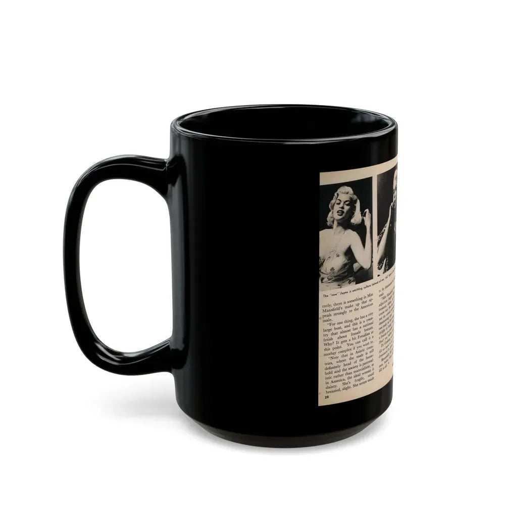 Jayne Mansfield #178 - 2 Pages, 3 B&W Photos, Captions & Article from Foto-rama Digest Mag. May '58 (Vintage Female Icon) Black Coffee Mug - Go Mug Yourself