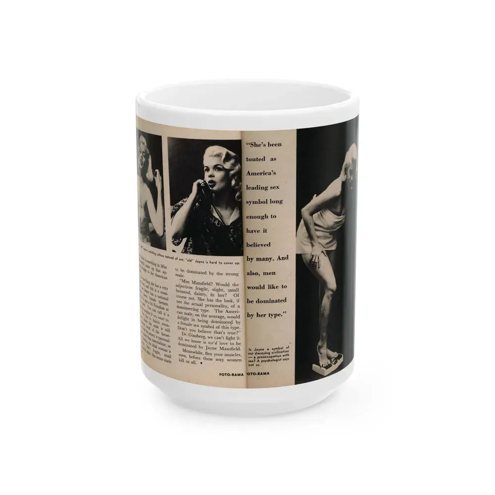 Jayne Mansfield #178 - 2 Pages, 3 B&W Photos, Captions & Article from Foto-rama Digest Mag. May '58 (Vintage Female Icon) White Coffee Mug 15oz - Go Mug Yourself