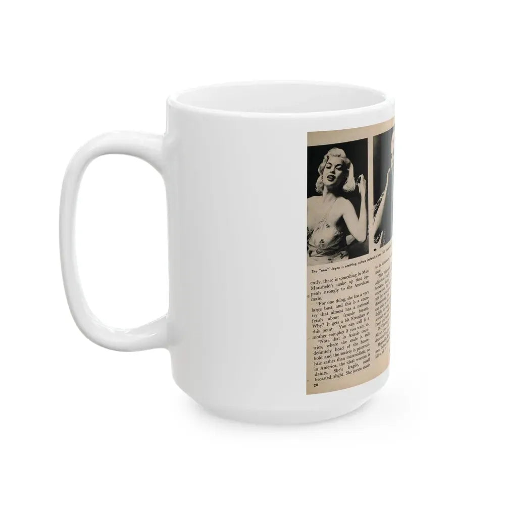 Jayne Mansfield #178 - 2 Pages, 3 B&W Photos, Captions & Article from Foto-rama Digest Mag. May '58 (Vintage Female Icon) White Coffee Mug - Go Mug Yourself