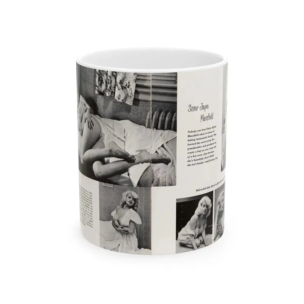 Jayne Mansfield #181 - 2 Pages, 5 B&W Photos & Captions from SCAMP Mag. May '57 (Vintage Female Icon) White Coffee Mug 11oz - Go Mug Yourself