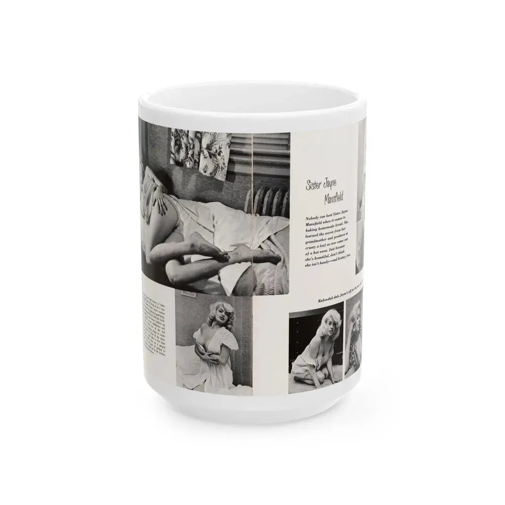 Jayne Mansfield #181 - 2 Pages, 5 B&W Photos & Captions from SCAMP Mag. May '57 (Vintage Female Icon) White Coffee Mug 15oz - Go Mug Yourself