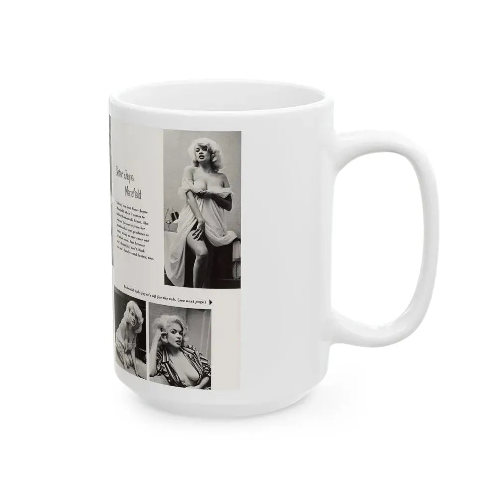 Jayne Mansfield #181 - 2 Pages, 5 B&W Photos & Captions from SCAMP Mag. May '57 (Vintage Female Icon) White Coffee Mug - Go Mug Yourself