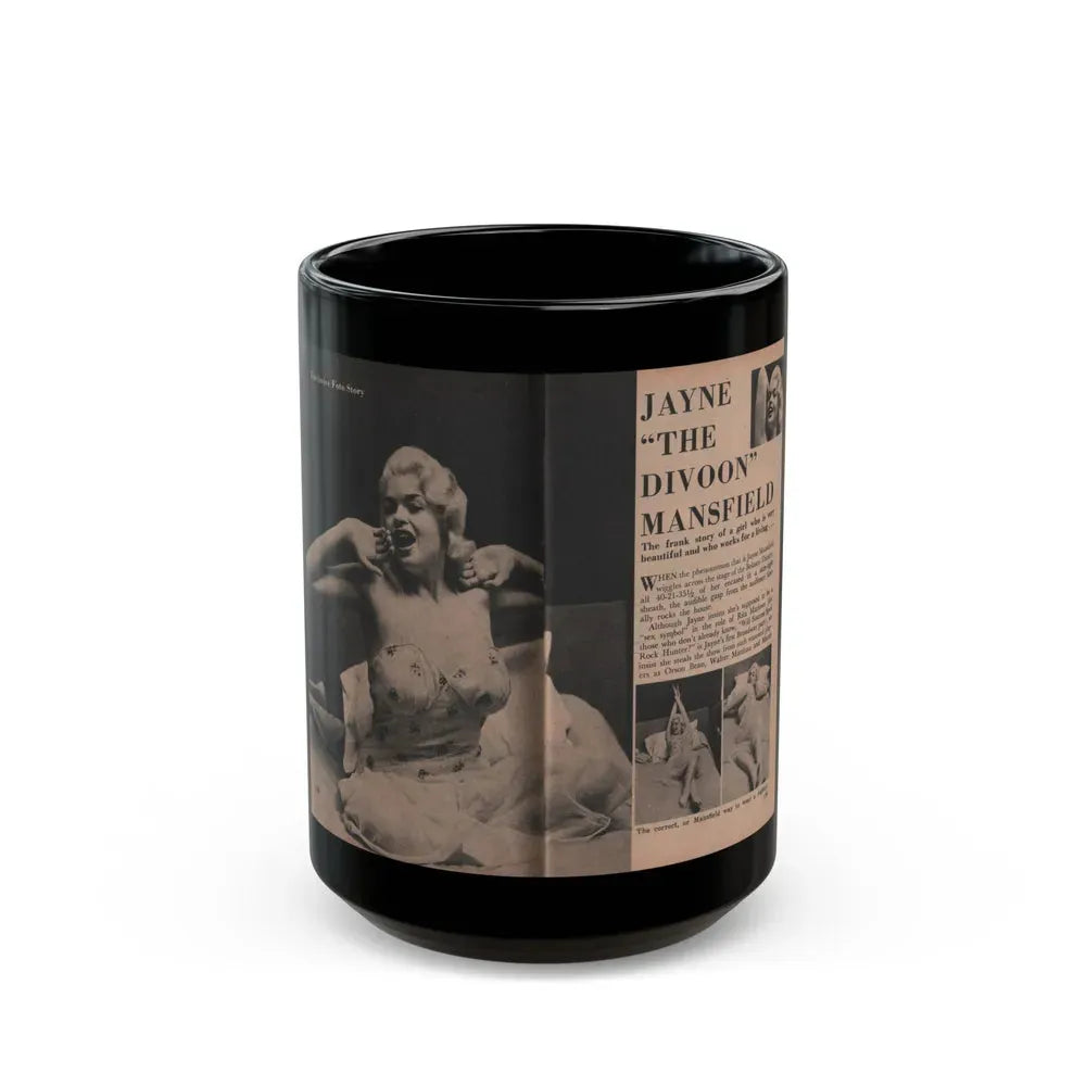Jayne Mansfield #184 - 2 Pages, 2 Large B&W Photo & 3 Small Ones Plus Caption & Article from Foto-rama Digest Mag. Dec. '56 (Vintage Female Icon) Black Coffee Mug 15oz - Go Mug Yourself