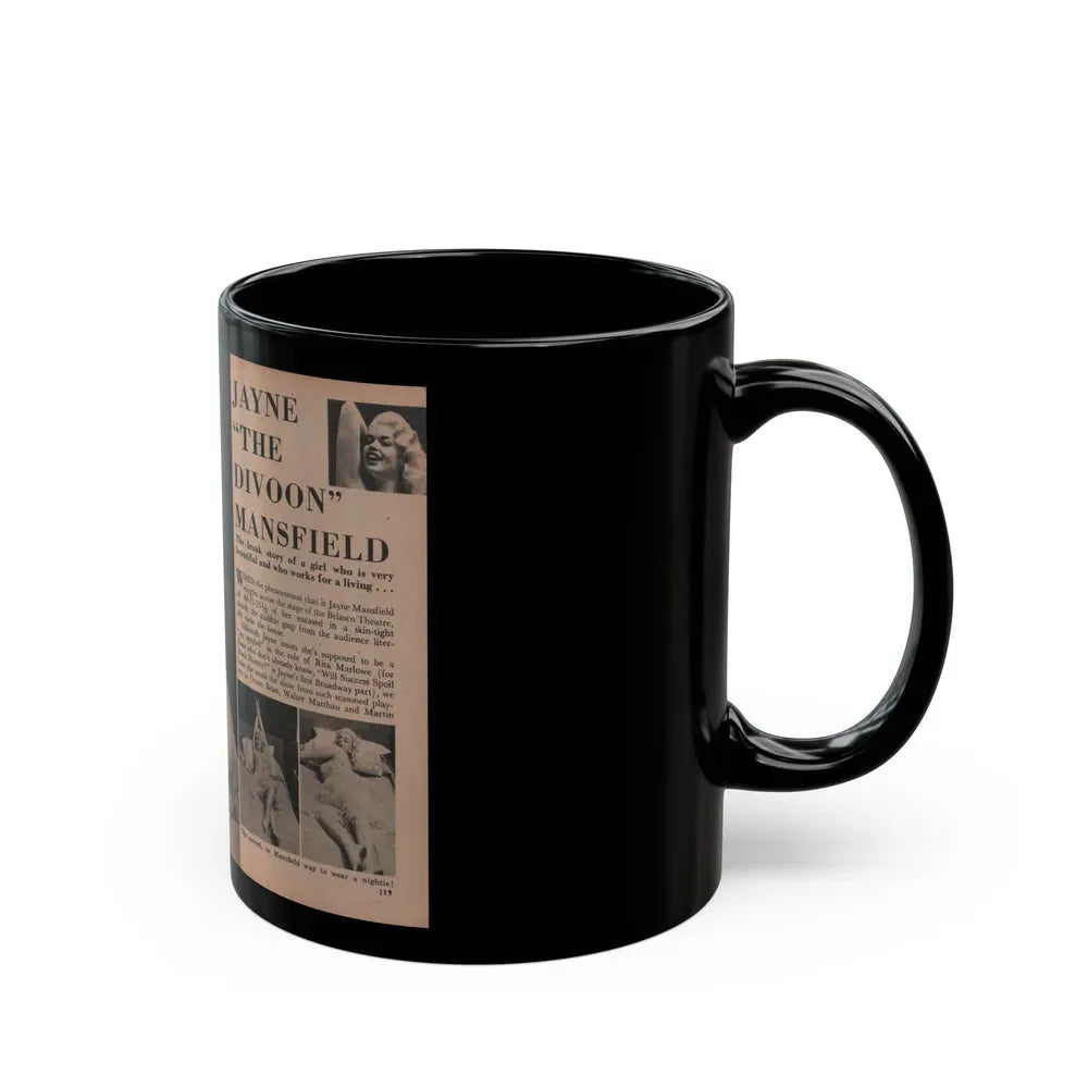 Jayne Mansfield #184 - 2 Pages, 2 Large B&W Photo & 3 Small Ones Plus Caption & Article from Foto-rama Digest Mag. Dec. '56 (Vintage Female Icon) Black Coffee Mug - Go Mug Yourself