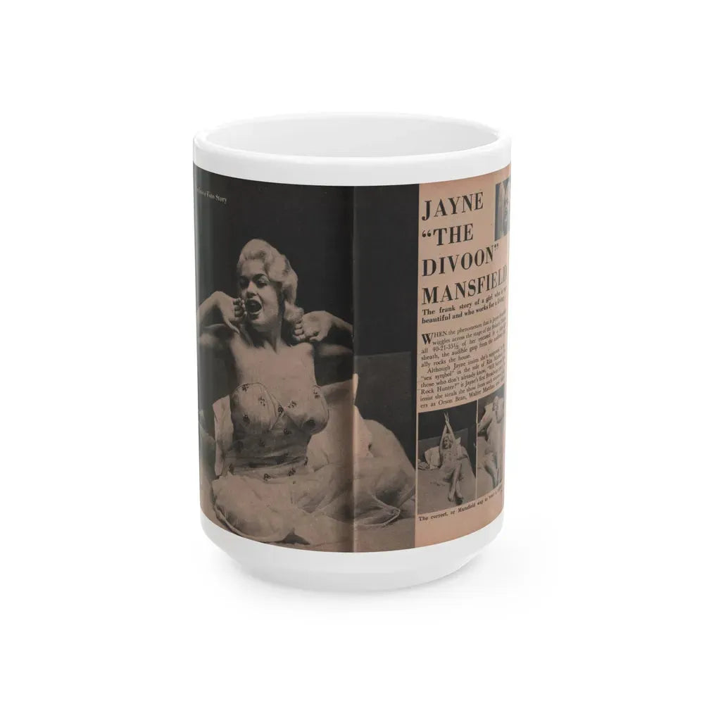 Jayne Mansfield #184 - 2 Pages, 2 Large B&W Photo & 3 Small Ones Plus Caption & Article from Foto-rama Digest Mag. Dec. '56 (Vintage Female Icon) White Coffee Mug 15oz - Go Mug Yourself