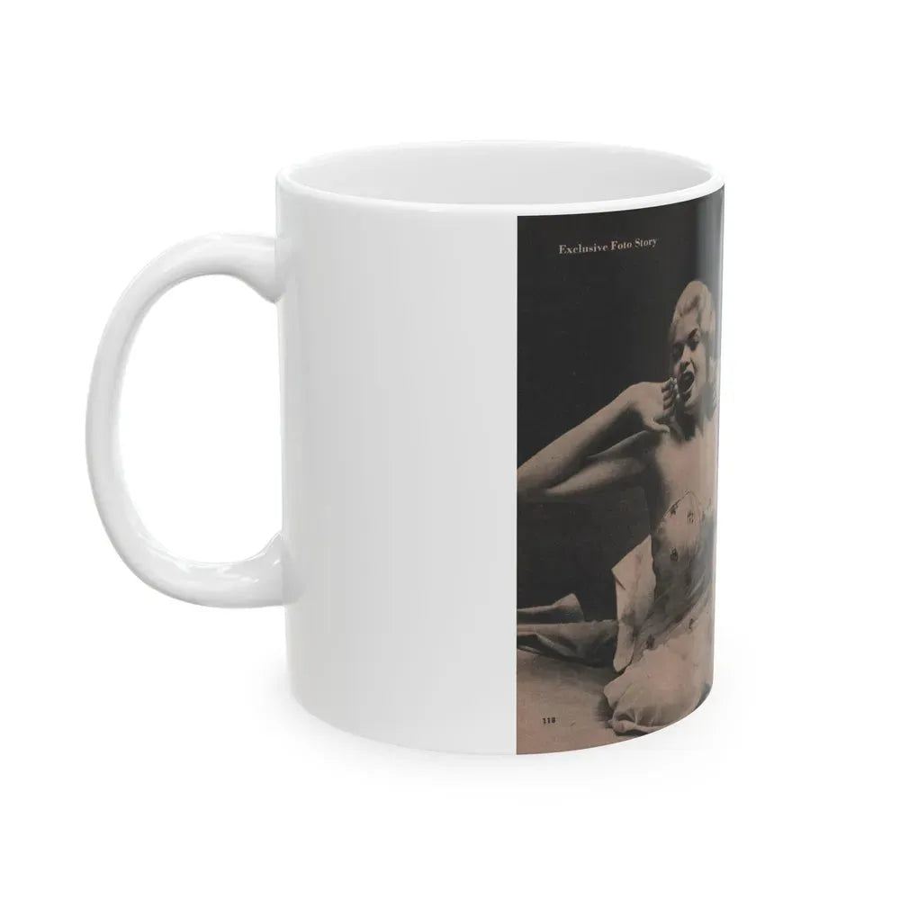 Jayne Mansfield #184 - 2 Pages, 2 Large B&W Photo & 3 Small Ones Plus Caption & Article from Foto-rama Digest Mag. Dec. '56 (Vintage Female Icon) White Coffee Mug - Go Mug Yourself