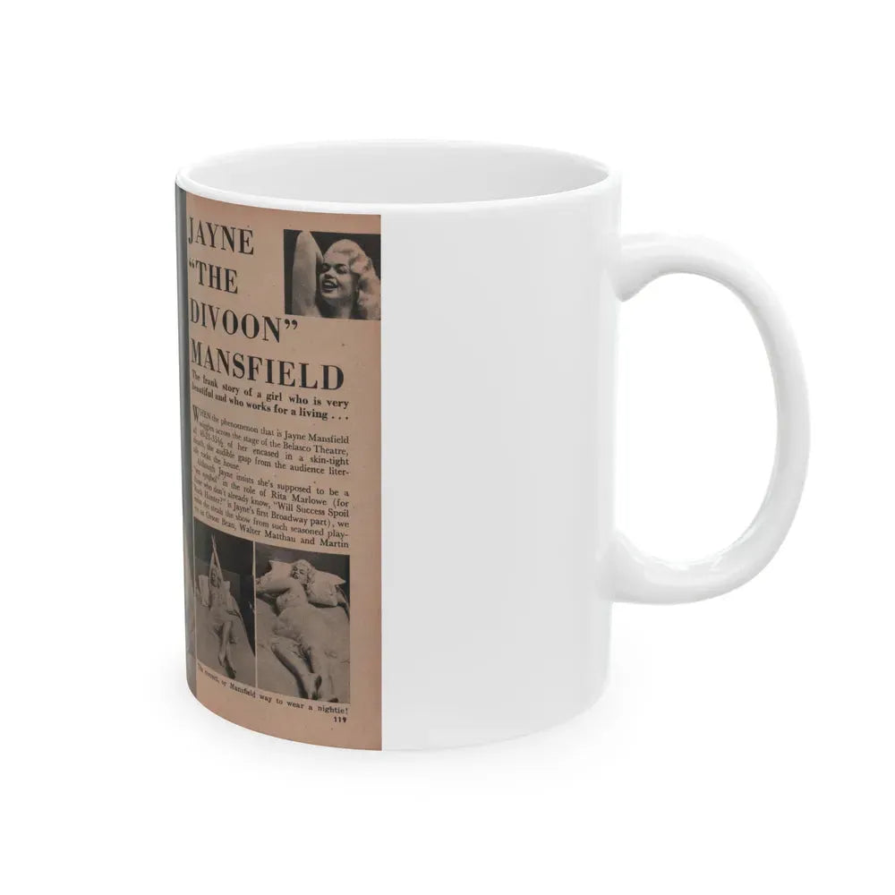 Jayne Mansfield #184 - 2 Pages, 2 Large B&W Photo & 3 Small Ones Plus Caption & Article from Foto-rama Digest Mag. Dec. '56 (Vintage Female Icon) White Coffee Mug - Go Mug Yourself
