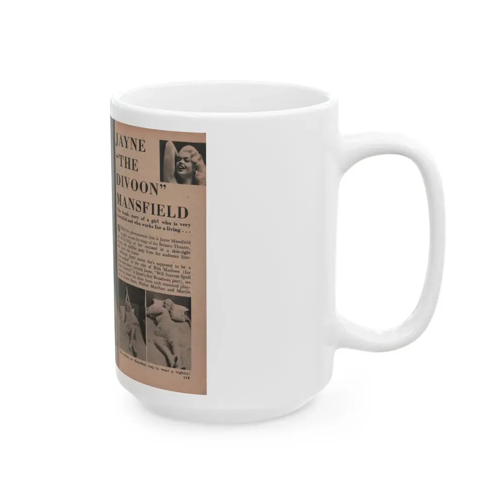 Jayne Mansfield #184 - 2 Pages, 2 Large B&W Photo & 3 Small Ones Plus Caption & Article from Foto-rama Digest Mag. Dec. '56 (Vintage Female Icon) White Coffee Mug - Go Mug Yourself