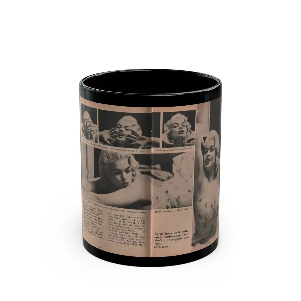 Jayne Mansfield #185 - 2 Pages, 4 B&W Photos, Captions & Article from Foto-rama Digest Mag. Dec. '56 (Vintage Female Icon) Black Coffee Mug 11oz - Go Mug Yourself