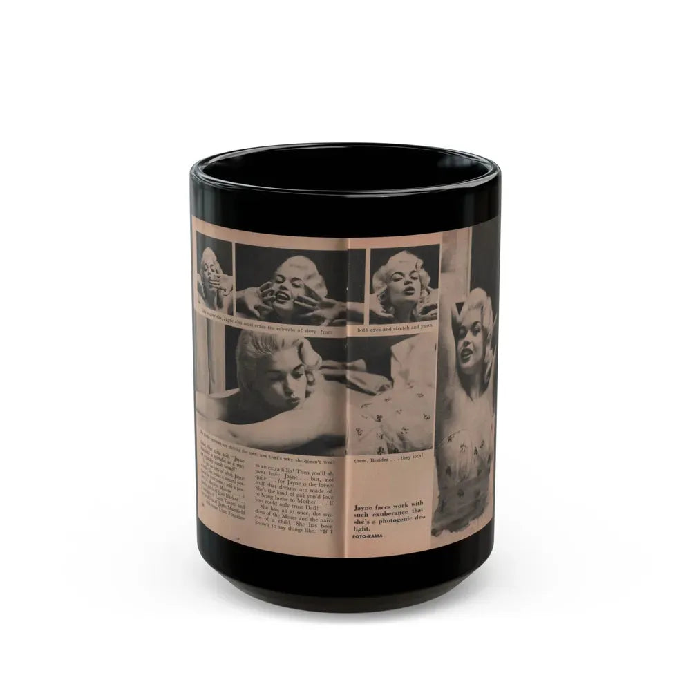 Jayne Mansfield #185 - 2 Pages, 4 B&W Photos, Captions & Article from Foto-rama Digest Mag. Dec. '56 (Vintage Female Icon) Black Coffee Mug 15oz - Go Mug Yourself