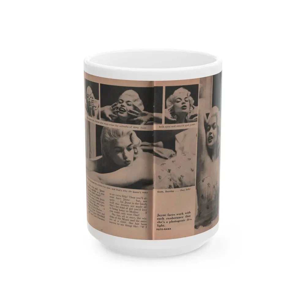Jayne Mansfield #185 - 2 Pages, 4 B&W Photos, Captions & Article from Foto-rama Digest Mag. Dec. '56 (Vintage Female Icon) White Coffee Mug 15oz - Go Mug Yourself