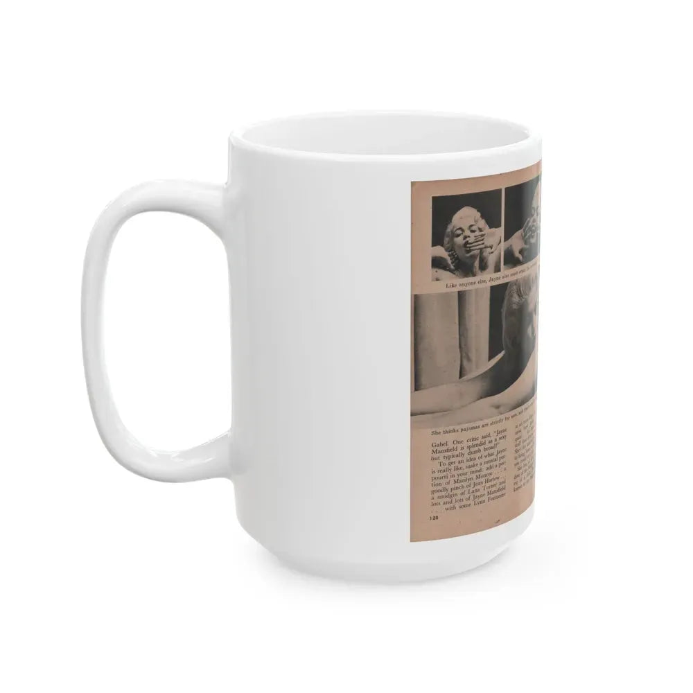Jayne Mansfield #185 - 2 Pages, 4 B&W Photos, Captions & Article from Foto-rama Digest Mag. Dec. '56 (Vintage Female Icon) White Coffee Mug - Go Mug Yourself