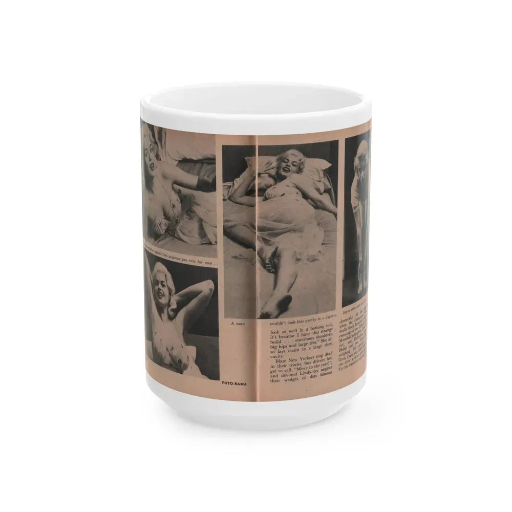 Jayne Mansfield #186 - 2 Pages, 4 B&W Photos, Captions & Article from Foto-rama Digest Mag. Dec. '56 (Vintage Female Icon) White Coffee Mug 15oz - Go Mug Yourself