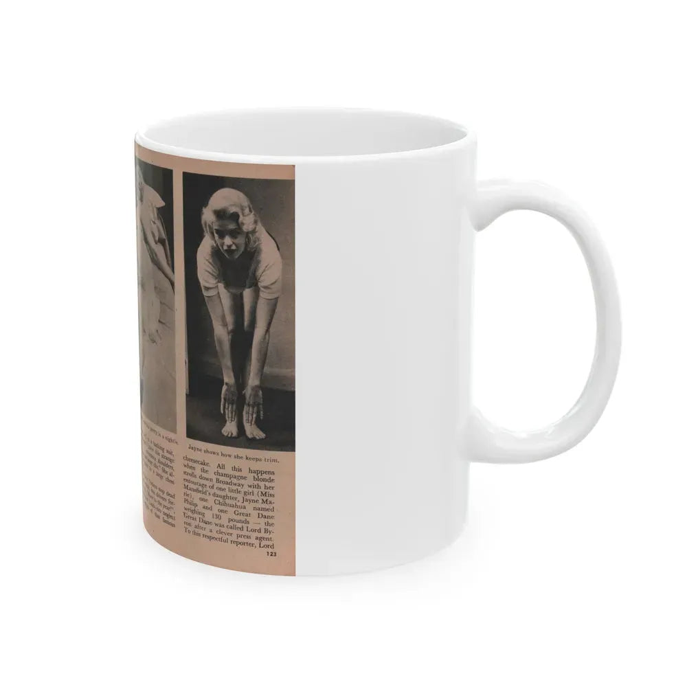 Jayne Mansfield #186 - 2 Pages, 4 B&W Photos, Captions & Article from Foto-rama Digest Mag. Dec. '56 (Vintage Female Icon) White Coffee Mug - Go Mug Yourself