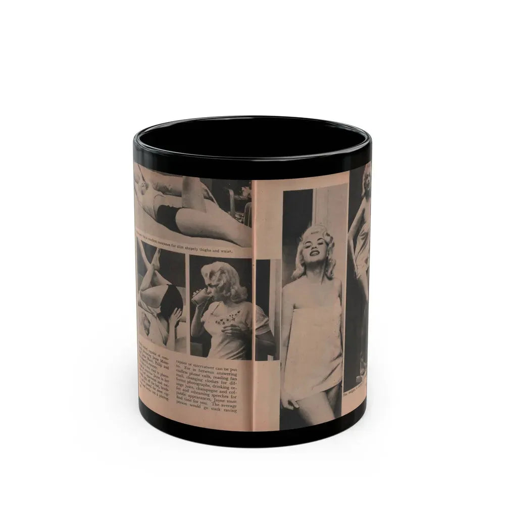 Jayne Mansfield #187 - 2 Pages, 5 B&W Photos, 1 Caption & Article from Foto-rama Digest Mag. Dec. '56 (Vintage Female Icon) Black Coffee Mug 11oz - Go Mug Yourself