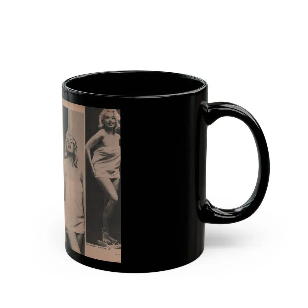 Jayne Mansfield #187 - 2 Pages, 5 B&W Photos, 1 Caption & Article from Foto-rama Digest Mag. Dec. '56 (Vintage Female Icon) Black Coffee Mug - Go Mug Yourself