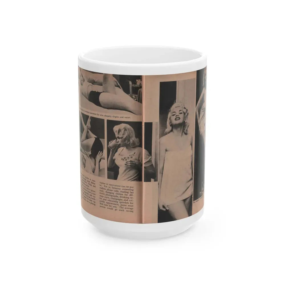 Jayne Mansfield #187 - 2 Pages, 5 B&W Photos, 1 Caption & Article from Foto-rama Digest Mag. Dec. '56 (Vintage Female Icon) White Coffee Mug 15oz - Go Mug Yourself