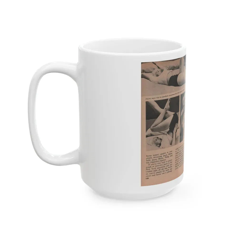 Jayne Mansfield #187 - 2 Pages, 5 B&W Photos, 1 Caption & Article from Foto-rama Digest Mag. Dec. '56 (Vintage Female Icon) White Coffee Mug - Go Mug Yourself