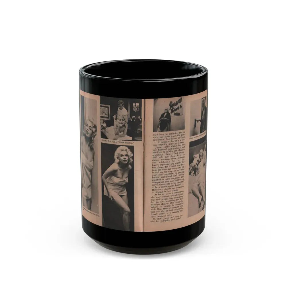 Jayne Mansfield #188 - 2 Pages, 6 B&W Photos, Captions & Article ending from Foto-rama Digest Mag. Dec. '56 (Vintage Female Icon) Black Coffee Mug 15oz - Go Mug Yourself