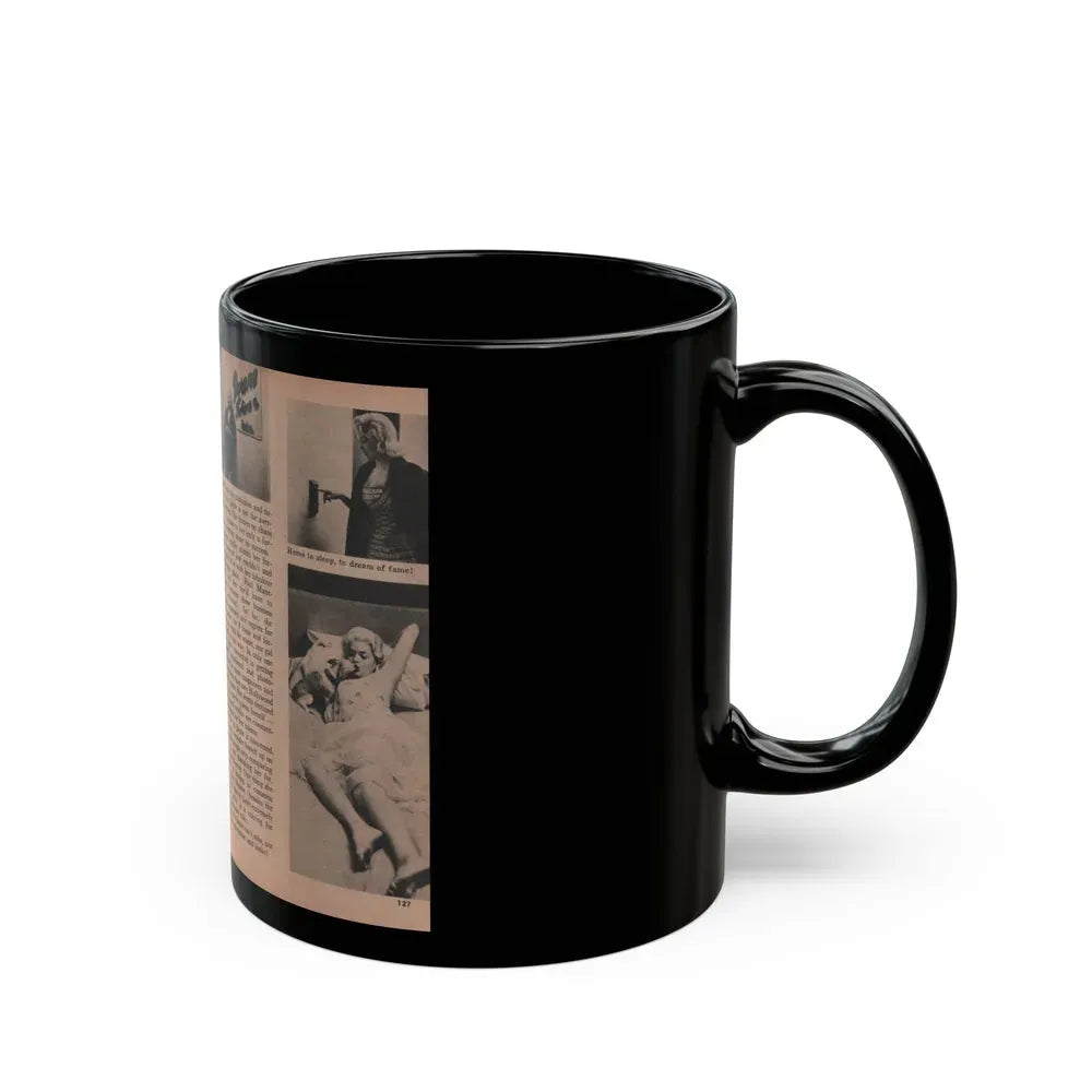 Jayne Mansfield #188 - 2 Pages, 6 B&W Photos, Captions & Article ending from Foto-rama Digest Mag. Dec. '56 (Vintage Female Icon) Black Coffee Mug - Go Mug Yourself
