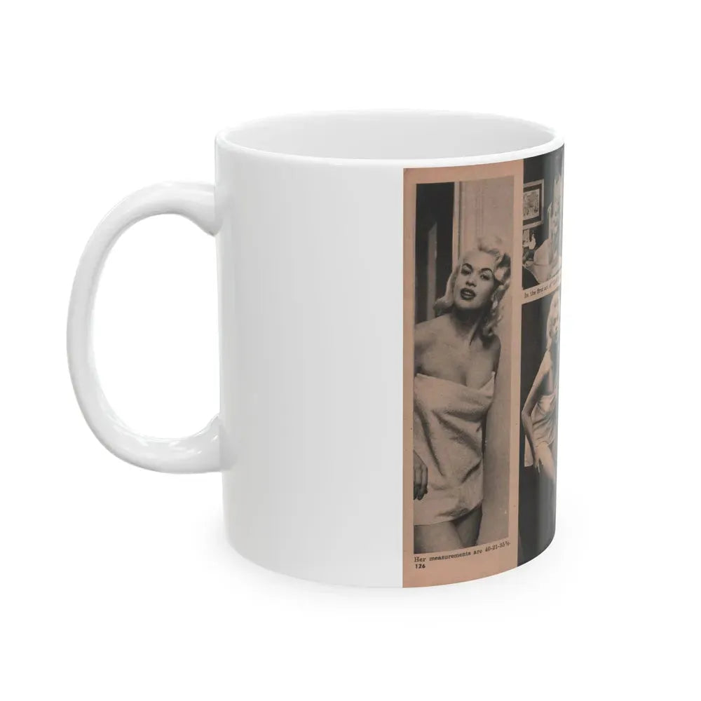 Jayne Mansfield #188 - 2 Pages, 6 B&W Photos, Captions & Article ending from Foto-rama Digest Mag. Dec. '56 (Vintage Female Icon) White Coffee Mug - Go Mug Yourself