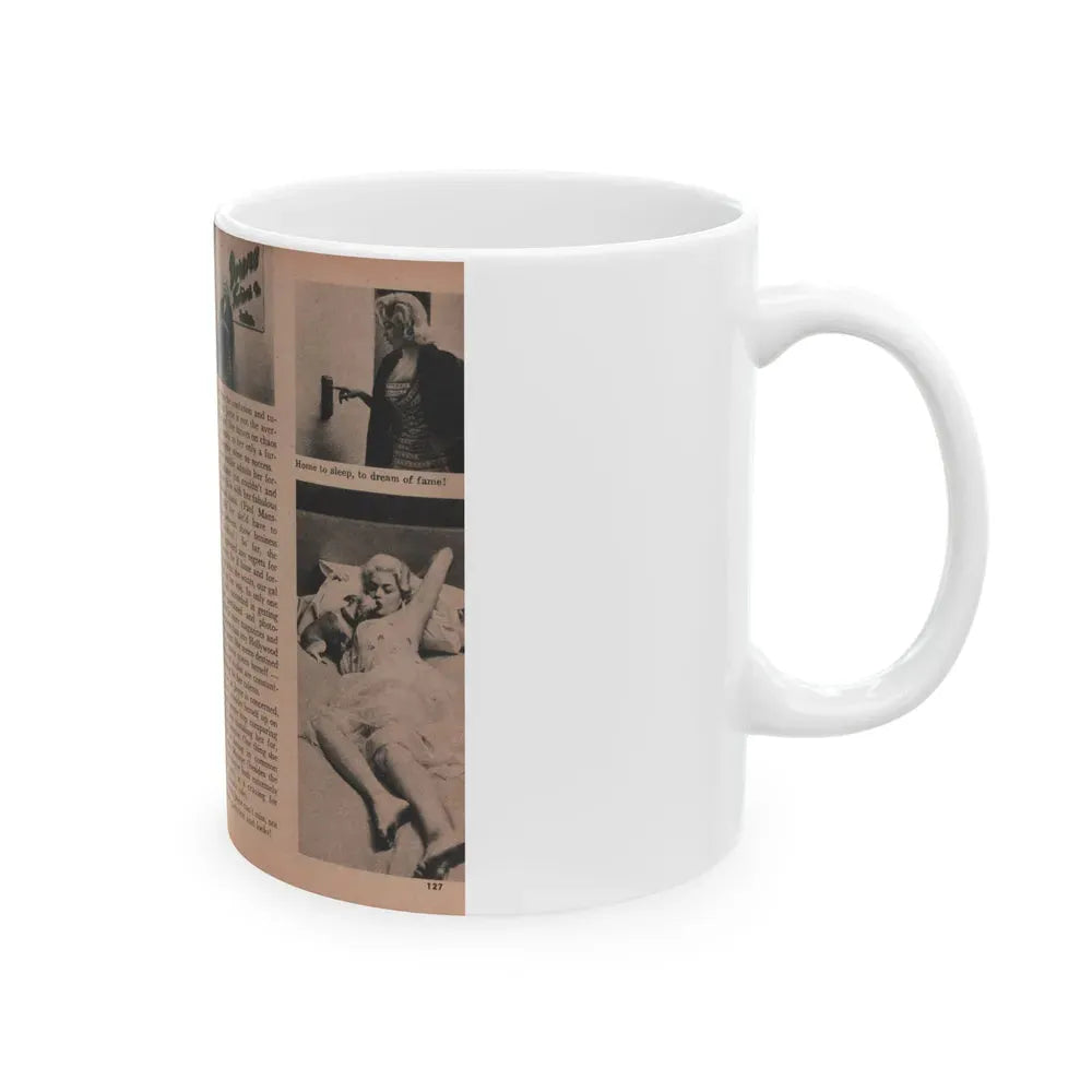 Jayne Mansfield #188 - 2 Pages, 6 B&W Photos, Captions & Article ending from Foto-rama Digest Mag. Dec. '56 (Vintage Female Icon) White Coffee Mug - Go Mug Yourself