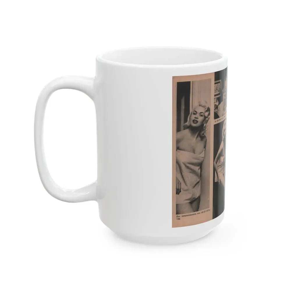 Jayne Mansfield #188 - 2 Pages, 6 B&W Photos, Captions & Article ending from Foto-rama Digest Mag. Dec. '56 (Vintage Female Icon) White Coffee Mug - Go Mug Yourself