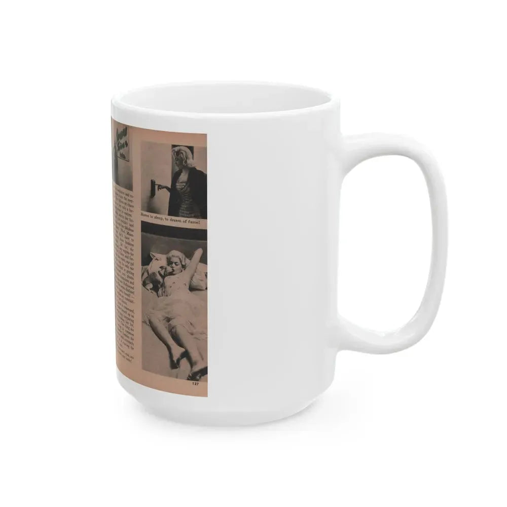 Jayne Mansfield #188 - 2 Pages, 6 B&W Photos, Captions & Article ending from Foto-rama Digest Mag. Dec. '56 (Vintage Female Icon) White Coffee Mug - Go Mug Yourself