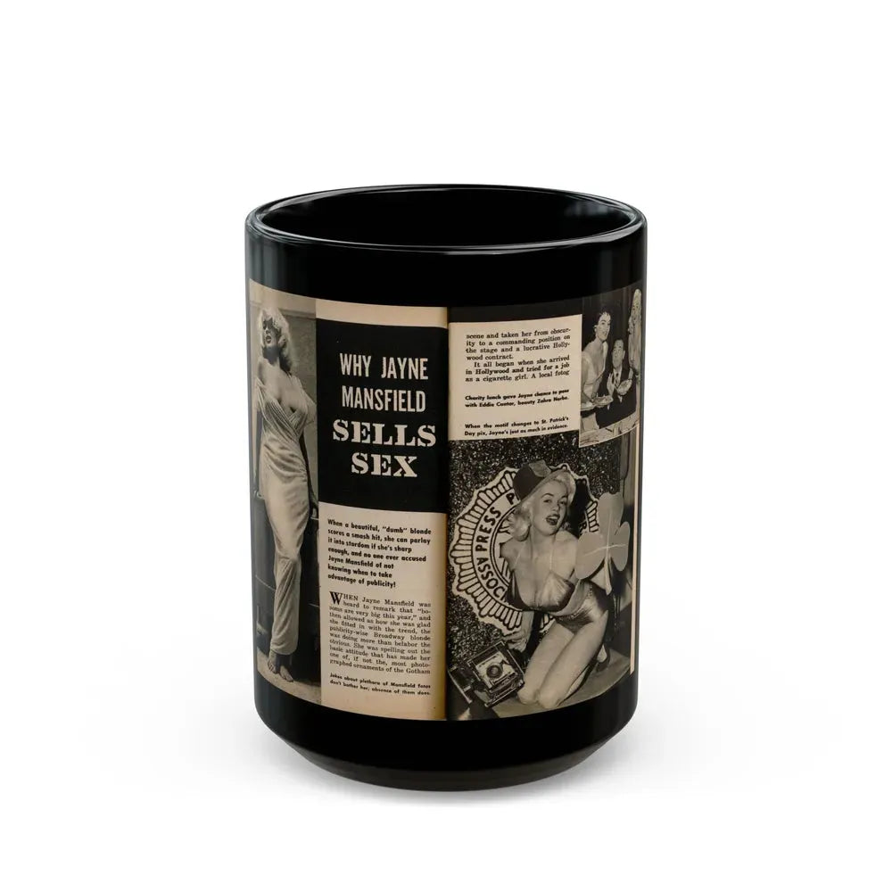 Jayne Mansfield #191 - 2 Pages, 3 B&W Photos, Captions & Article from PICTURE SCOPE January '57 (Vintage Female Icon) Black Coffee Mug 15oz - Go Mug Yourself