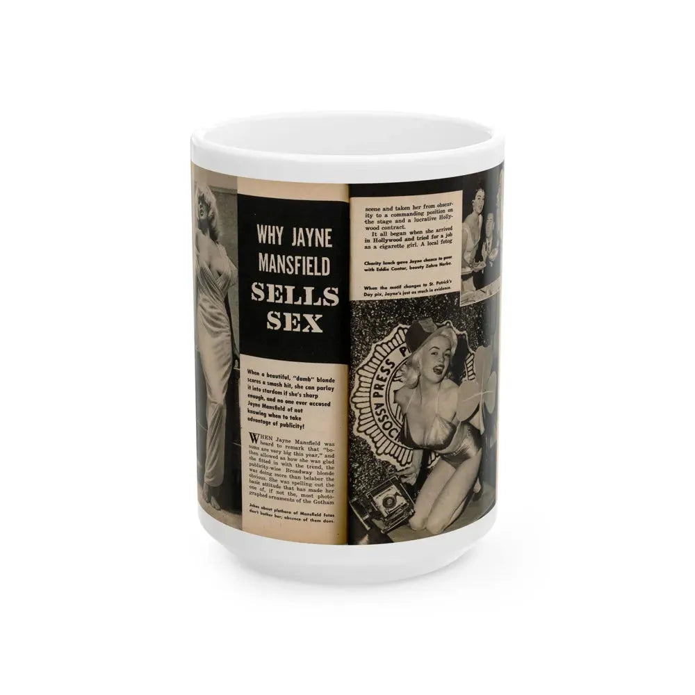 Jayne Mansfield #191 - 2 Pages, 3 B&W Photos, Captions & Article from PICTURE SCOPE January '57 (Vintage Female Icon) White Coffee Mug 15oz - Go Mug Yourself