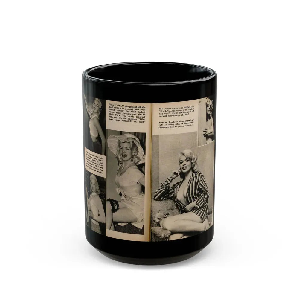 Jayne Mansfield #192 - 2 Pages, 5 B&W Photos & 4 Captions from PICTURE SCOPE January '57 (Vintage Female Icon) Black Coffee Mug 15oz - Go Mug Yourself