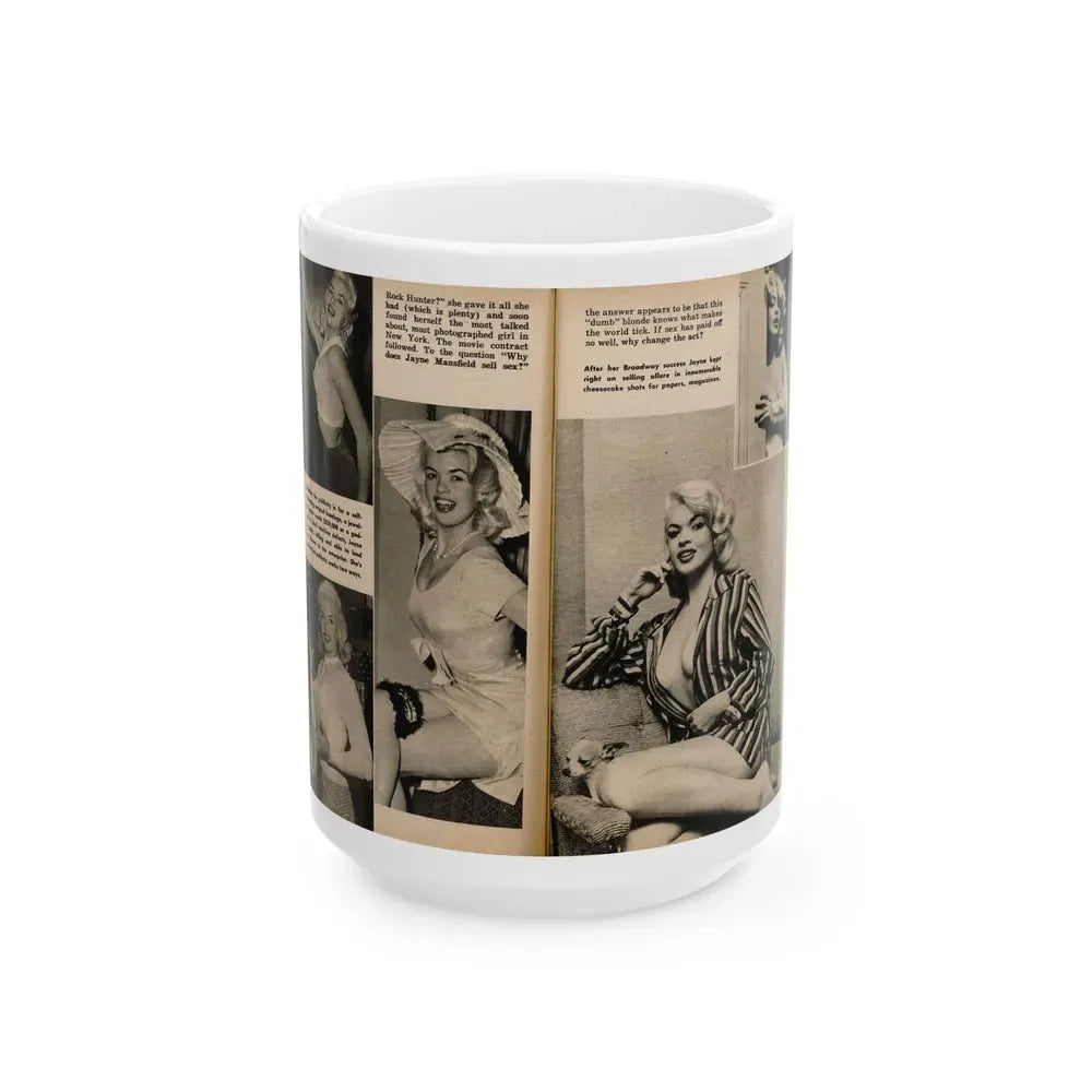 Jayne Mansfield #192 - 2 Pages, 5 B&W Photos & 4 Captions from PICTURE SCOPE January '57 (Vintage Female Icon) White Coffee Mug 15oz - Go Mug Yourself