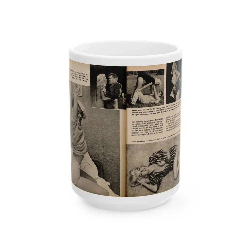 Jayne Mansfield #193 - 2 Pages, 5 B&W Photos, Captions & Article from PICTURE SCOPE January '57 (Vintage Female Icon) White Coffee Mug 15oz - Go Mug Yourself