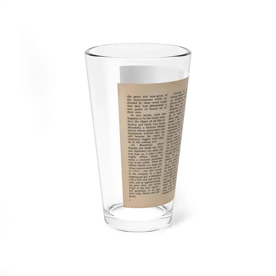 Jayne Mansfield #280 - JAYNE Pocket Magazine Pages 4 & 5 (Vintage Female Icon) Pint Glass 16oz - Go Mug Yourself